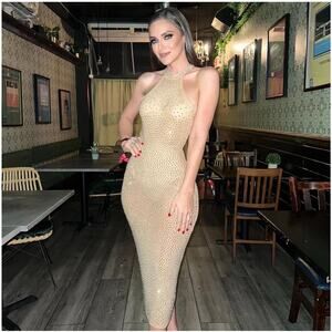 Fashion Nova Gold Rhinestone Bodycon Midi Dress Women’s Size Small